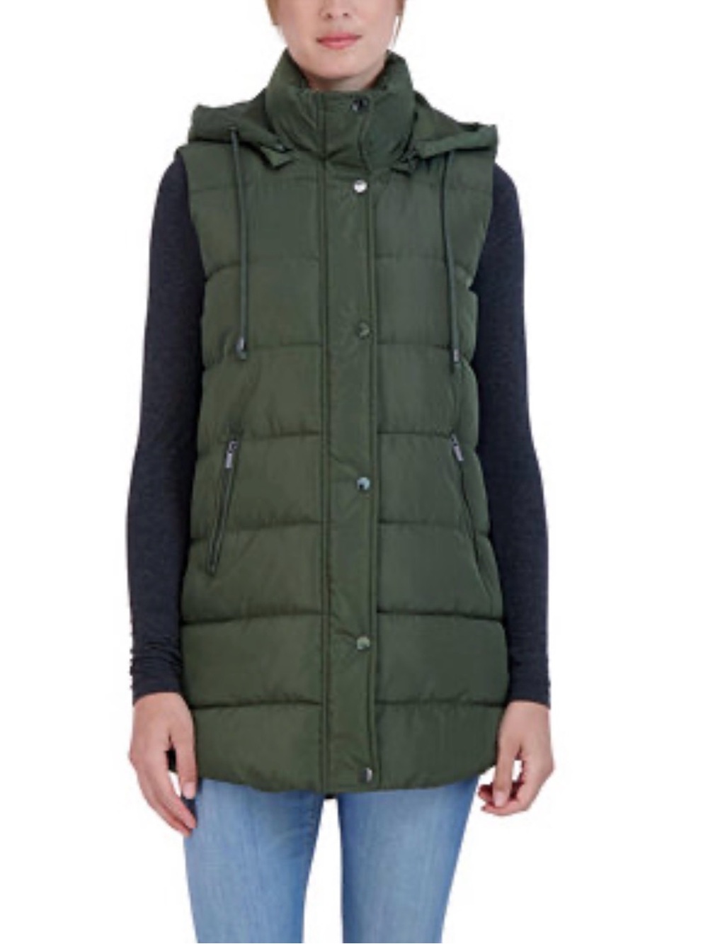 Sebby S.E.B. SSP1418 Womens Olive Detachable Hood Zip Long Puffer Vest Large